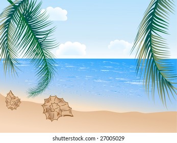 Summer beach with palms - vector illustration