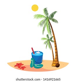 summer beach with palms and water bucket scene