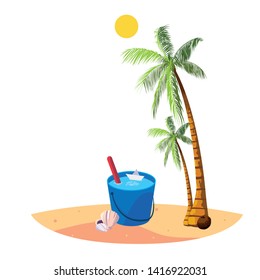 summer beach with palms and water bucket scene