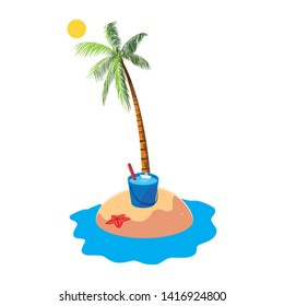summer beach with palms and water bucket scene