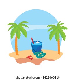 summer beach with palms and water bucket scene
