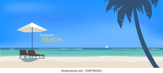 summer beach panorama with sea shore loungers umbrella palm silhouette vector illustration