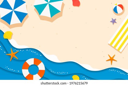 Summer beach paper art style background vector illustration. top view beach template