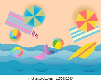 Summer beach paper cut out style vector. 