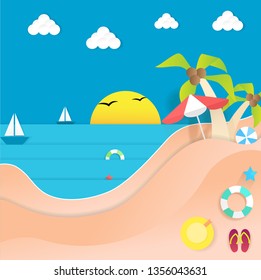 Summer beach paper poster, background. For wallpaper, banner and placard. Summer beach template for flyer and leaflet design. Creative art concept. Vector illustration of summer paper background