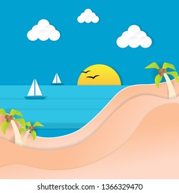 Summer beach paper poster with palm tree. Seashore flat background for wallpaper. Summer beach template for flyer design. Creative art concept. Vector illustration of summer paper background