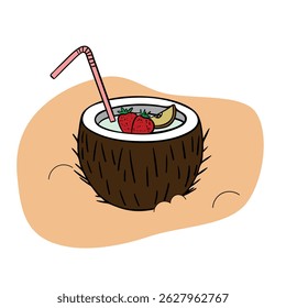 Summer beach paradise element collection coconut cocktail. Cartoon collection. Hand drawn summertime set for cards, posters, banners