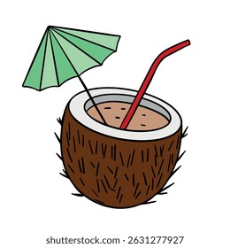 Summer beach paradise element collection coconut cocktail. Cartoon collection. Hand drawn summertime set for cards, posters, banners