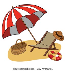 Summer beach paradise landscape with beach chair, straw basket and hat, and rubber float. Paradise cartoon collection. Hand drawn summertime set for cards, posters, banners