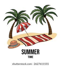 Summer beach paradise landscape with palms beach towel, umbrella protection and straw hat. Hand drawn summertime collection for cards, posters, banners