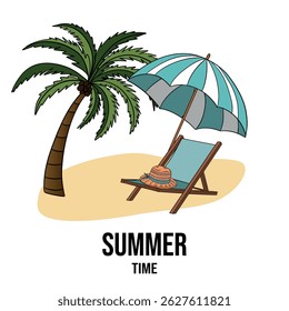 Summer beach paradise landscape with palms beach chair, umbrella protection and straw hat. Hand drawn summertime collection for cards, posters, banners