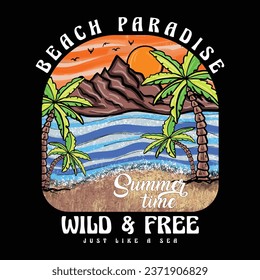 Summer Beach Paradise Vector Illustration. Summer vintage graphic print design. Beach vibes with board print design. Hand Drawn beach vector design. Summer Vacation Landscape.