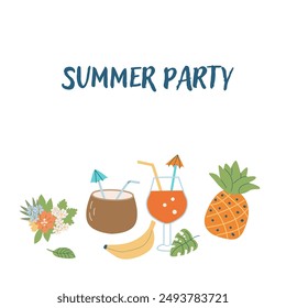 Summer beach party background - banner or frame. Vacation on sea flat design. Tropical fruits and accessories. Cute summer beach card.