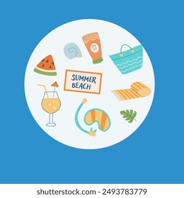 Summer beach party background - banner or frame. Vacation on sea flat design. Tropical fruits and accessories. Cute summer beach card.