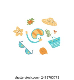 Summer beach party background - banner or frame. Vacation on sea flat design. Tropical fruits and accessories. Cute summer beach card.