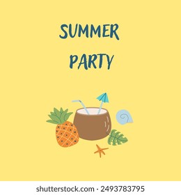 Summer beach party background - banner or frame. Vacation on sea flat design. Tropical fruits and accessories. Cute summer beach card.