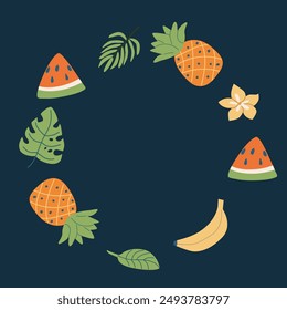 Summer beach party background - banner or frame. Vacation on sea flat design. Tropical fruits and accessories. Cute summer beach card.