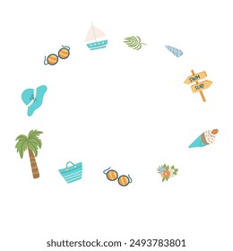 Summer beach party background - banner or frame. Vacation on sea flat design. Tropical fruits and accessories. Cute summer beach card.