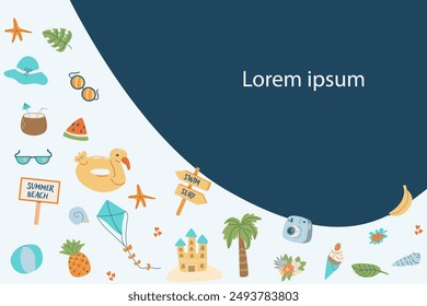 Summer beach party background - banner or frame. Vacation on sea flat design. Tropical fruits and accessories. Cute summer beach card.