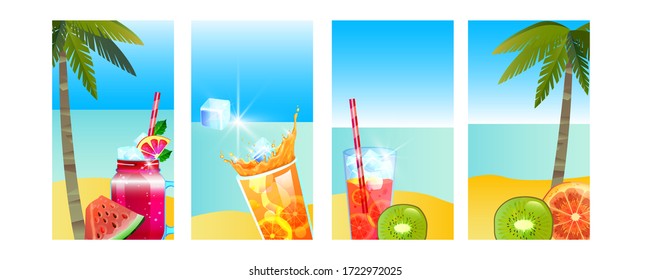 Sommer Beach Party Hintergrundkollektion für Geschichten mit kalten Getränken, Früchten, Ozean, Sand, Palmen. Vektorgrafik für Barmenüs und Werbung mit Saft, exotischen Cocktails, Kiwi, Orange.