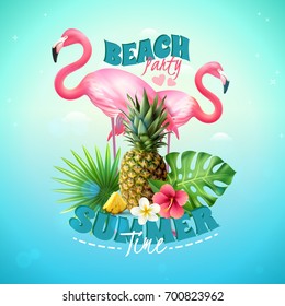 Summer Beach Party Background With Pineapple Tropical Plants And Flamingoes Realistic Vector Illustration