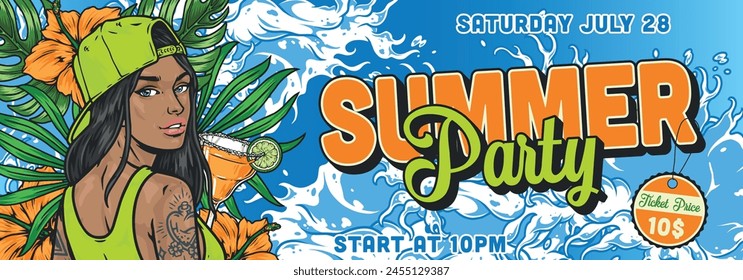 Summer beach party banner colorful Latino American girl stands near sea water advertising bar or club on ocean vector illustration