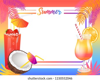 Sommer Beach Party-Banner, Vektorillustration Plakatprobe. Cocktail in Gläsern mit Obst und Eis, Kokosnuss mit Strohschirm-Dekor einzeln auf Palmenblättern