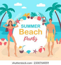 Summer beach party banner. Vector illustration of a tropical beach, palm trees, and smiling, happy people.