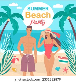 Summer beach party banner. Vector illustration of a tropical beach, palm trees, and smiling, happy people.