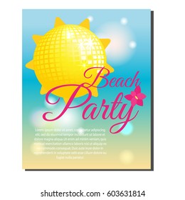 Summer beach party banner with yellow shining sun disco ball. Vector illustration. Design template for invitations, gift voucher, vacation events