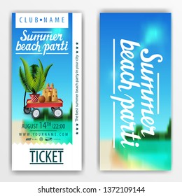 Summer beach party, bright entrance ticket to the party with the beach on the background, beautiful lettering, garden cart with sand, sand castle and potted palm