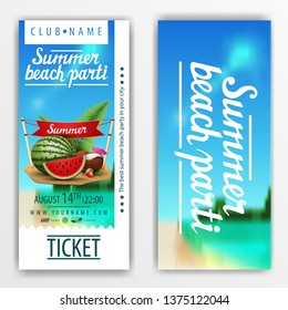 Summer beach party, bright entrance ticket to the party with the beach on the background, beautiful lettering, watermelon, coconut cocktail in coconut, sign with the inscription "summer"