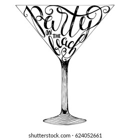Summer beach party calligraphic lettering. Cocktail glass silhouette Isolated vector illustration. Design element for summer season cards, t-shirts