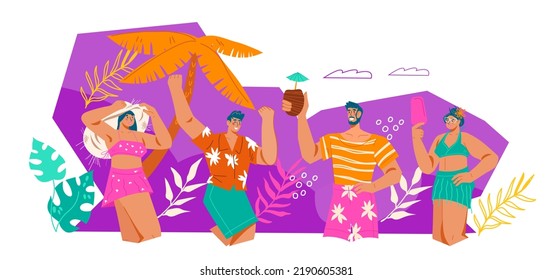 Summer beach party colorful banner with cartoon characters, flat vector illustration isolated on white background. Beach or pool party backdrop.