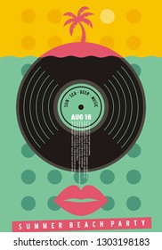 Summer beach party colorful invitation design. Music poster with vinyl record and tropical beach landscape. Vector illustration.