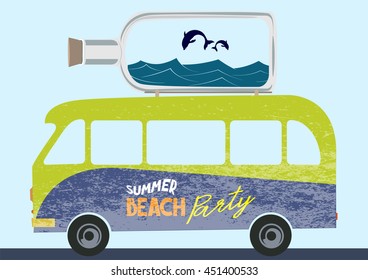 Summer Beach Party Concept Illustration With Retro Bus And Bottle With Sea Design Elements. Vector Illustration. Flat Design