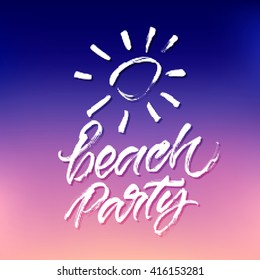 Summer beach party design with halftone effect texture. Vector modern calligraphic design on gradient blue, violet and pink background. Lettering for summer party banner, poster, card and invitation.
