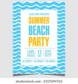 Summer beach party design with sea waves on the background. Vector illustration of summer beach party poster, banner or invitation flyer for exotic tropical vacation with friends and family.