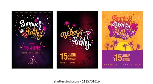 Summer Beach party design set. Night club poster or flyer template. Vector illustration EPS 10.