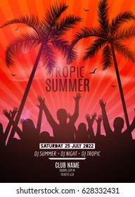 Summer beach party design template. Party people silhouette template. Dance disco poster flyer mockup.