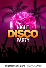 Summer beach party disco poster design with disco ball element. Vector beach party flyer with palm. Music beat template.