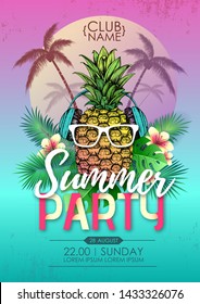 Summer beach party disco poster with pineapple and tropic leaves