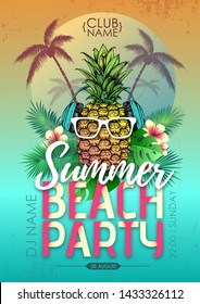 Summer beach party disco poster with pineapple and tropic leaves