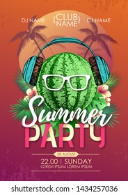 Summer beach party disco poster with watermelon and tropic leaves