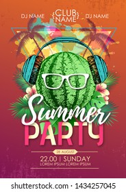 Summer beach party disco poster with watermelon and tropic leaves