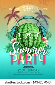 Summer beach party disco poster with watermelon and tropic leaves