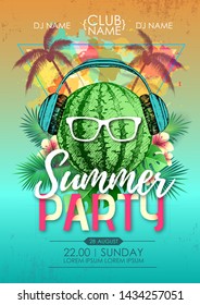 Summer beach party disco poster with watermelon and tropic leaves