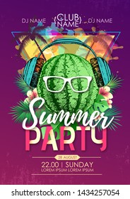 Summer beach party disco poster with watermelon and tropic leaves