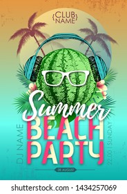 Summer beach party disco poster with watermelon and tropic leaves