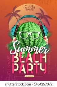 Summer beach party disco poster with watermelon and tropic leaves